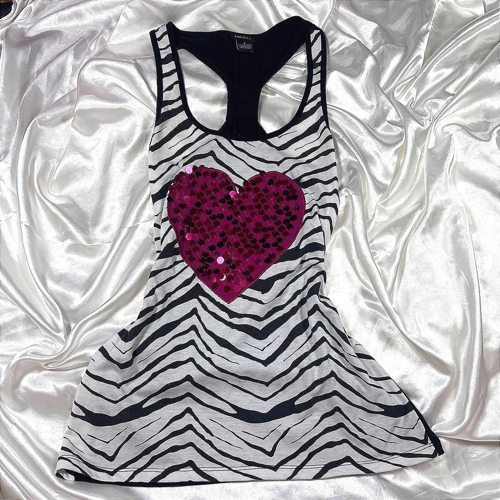y2k Rue21 Tank Top Zebra Sequin Heart Racerback Animal Print Pink S